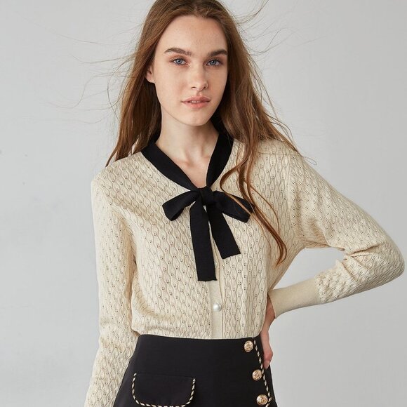 J.ing Ashtyn Beige Contrast Bow Tie Cardigan - Picture 1 of 5